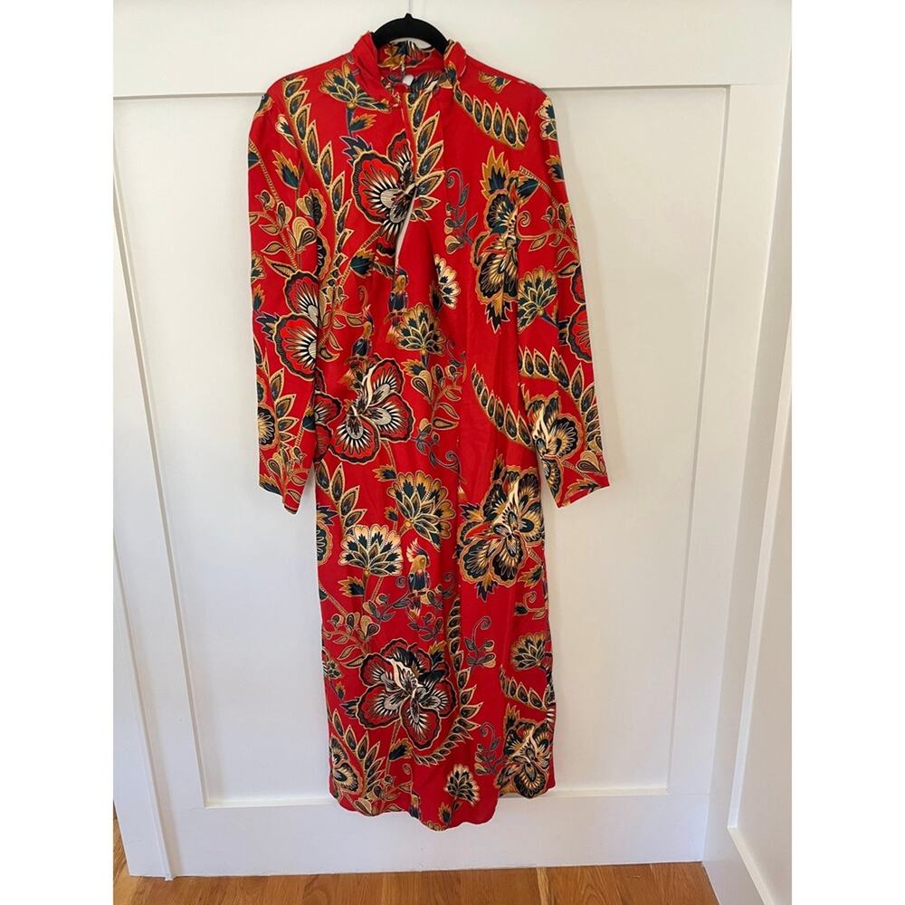 Farm Rio Floral Print Long Sleeve Midi Dress Red Blue Yellow Mandarin Collar - Picture 2 of 5